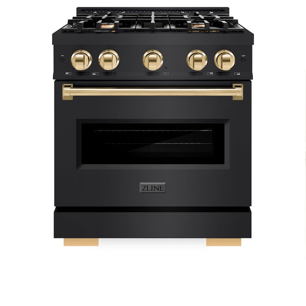 ZLINE Autograph Edition 30 in. 4.2 cu. ft. Classic Dual Fuel Range with 4 Burner Gas Cooktop and Electric Convection Oven in Black Stainless Steel with Polished Gold Accents, Open Box-Great Condition