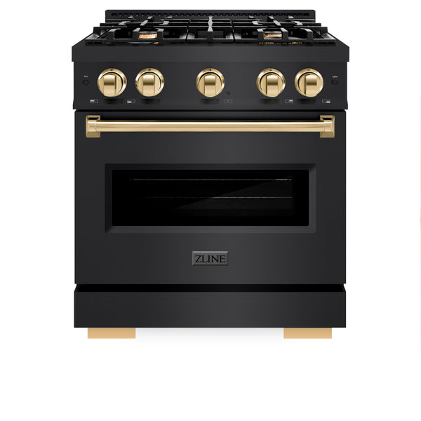 ZLINE Autograph Edition 30 in. 4.2 cu. ft. Classic Dual Fuel Range with 4 Burner Gas Cooktop and Electric Convection Oven in Black Stainless Steel with Polished Gold Accents (CDRBZ-30-G)