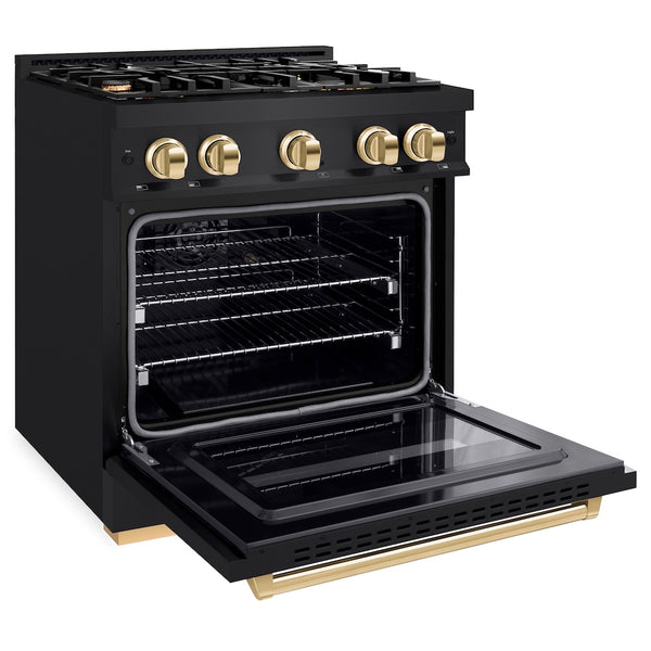 ZLINE Autograph Edition 30 in. 4.2 cu. ft. Classic Dual Fuel Range with 4 Burner Gas Cooktop and Electric Convection Oven in Black Stainless Steel with Polished Gold Accents, Open Box-Great Condition