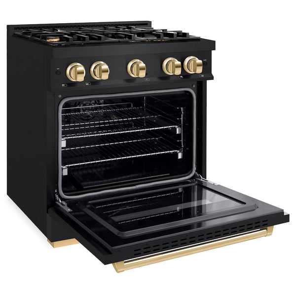 ZLINE Autograph Edition 30 in. 4.2 cu. ft. Classic Dual Fuel Range with 4 Burner Gas Cooktop and Electric Convection Oven in Black Stainless Steel with Polished Gold Accents, Open Box-Good Condition