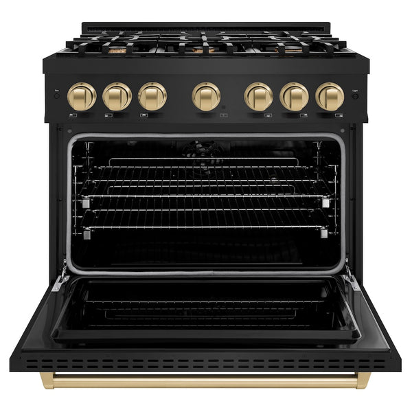 ZLINE Autograph Edition 36 in. 5.2 cu. ft. Classic Dual Fuel Range with 6 Burner Gas Cooktop and Electric Convection Oven in Black Stainless Steel with Champagne Bronze Accents, Open Box-Great Condition