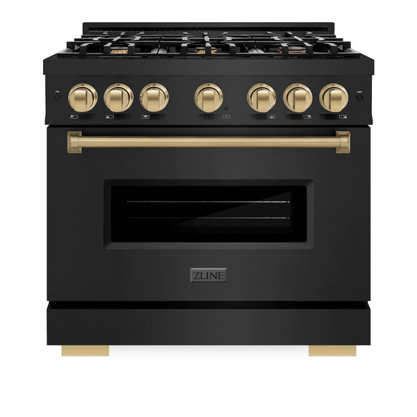 ZLINE Autograph Edition 36 in. 5.2 cu. ft. Classic Dual Fuel Range with 6 Burner Gas Cooktop and Electric Convection Oven in Black Stainless Steel with Champagne Bronze Accents, Open Box-Good Condition