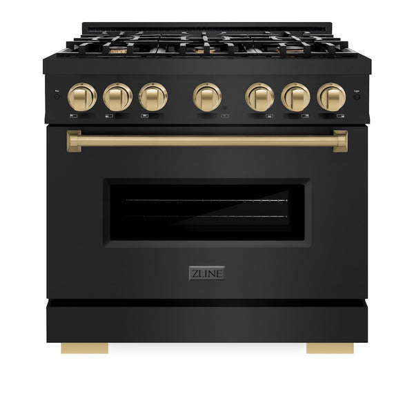 ZLINE Autograph Edition 36 in. 5.2 cu. ft. Classic Dual Fuel Range with 6 Burner Gas Cooktop and Electric Convection Oven in Black Stainless Steel with Champagne Bronze Accents, Open Box-Great Condition