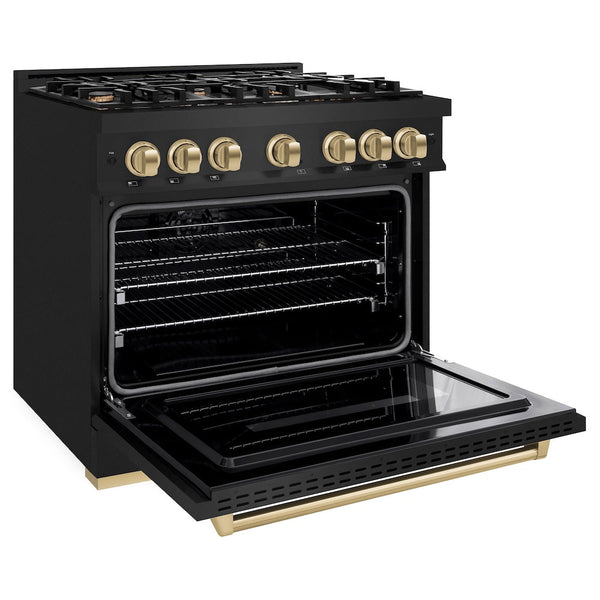 ZLINE Autograph Edition 36 in. 5.2 cu. ft. Classic Dual Fuel Range with 6 Burner Gas Cooktop and Electric Convection Oven in Black Stainless Steel with Champagne Bronze Accents, Open Box-Good Condition