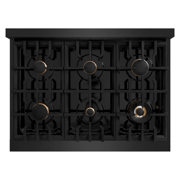 ZLINE Autograph Edition 36 in. 5.2 cu. ft. Classic Dual Fuel Range with 6 Burner Gas Cooktop and Electric Convection Oven in Black Stainless Steel with Champagne Bronze Accents, Open Box-Great Condition