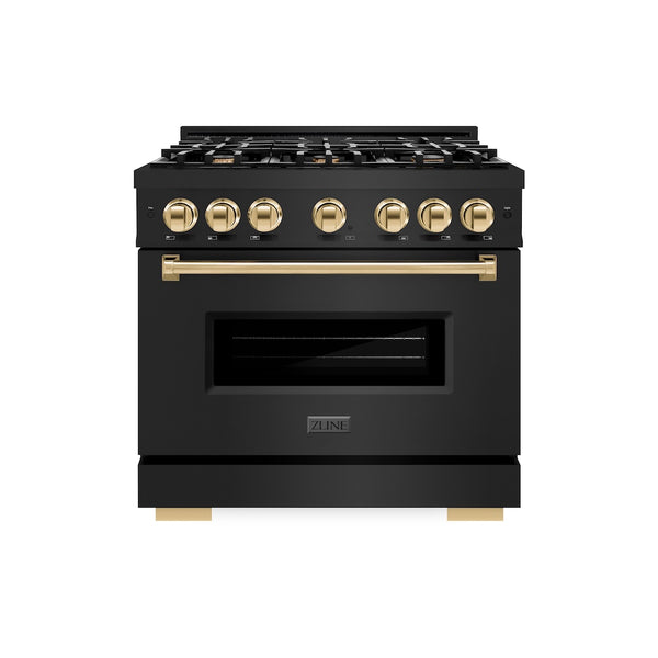 ZLINE Autograph Edition 36 in. 5.2 cu. ft. Classic Dual Fuel Range with 6 Burner Gas Cooktop and Electric Convection Oven in Black Stainless Steel with Polished Gold Accents, Open Box-Great Condition
