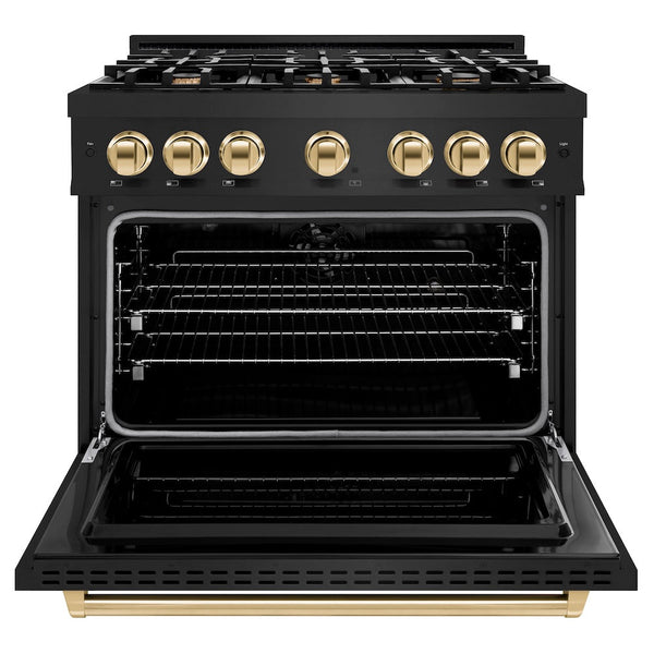 ZLINE Autograph Edition 36 in. 5.2 cu. ft. Classic Dual Fuel Range with 6 Burner Gas Cooktop and Electric Convection Oven in Black Stainless Steel with Polished Gold Accents, Open Box-Good Condition