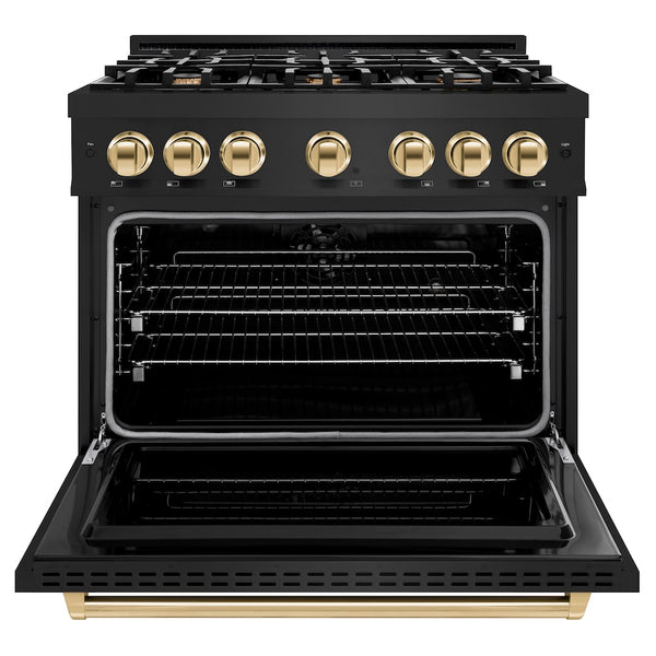 ZLINE Autograph Edition 36 in. 5.2 cu. ft. Classic Dual Fuel Range with 6 Burner Gas Cooktop and Electric Convection Oven in Black Stainless Steel with Polished Gold Accents, Open Box-Great Condition