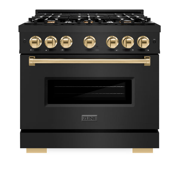 ZLINE Autograph Edition 36 in. 5.2 cu. ft. Classic Dual Fuel Range with 6 Burner Gas Cooktop and Electric Convection Oven in Black Stainless Steel with Polished Gold Accents (CDRBZ-36-G)