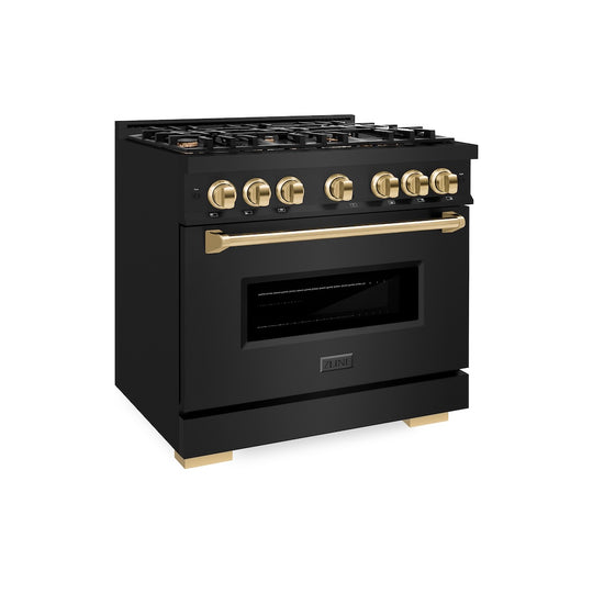 ZLINE Autograph Edition 36 in. 5.2 cu. ft. Classic Dual Fuel Range with 6 Burner Gas Cooktop and Electric Convection Oven in Black Stainless Steel with Polished Gold Accents, Open Box-Great Condition