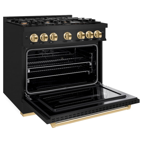 ZLINE Autograph Edition 36 in. 5.2 cu. ft. Classic Dual Fuel Range with 6 Burner Gas Cooktop and Electric Convection Oven in Black Stainless Steel with Polished Gold Accents, Open Box-Good Condition