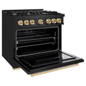 ZLINE Autograph Edition 36 in. 5.2 cu. ft. Classic Dual Fuel Range with 6 Burner Gas Cooktop and Electric Convection Oven in Black Stainless Steel with Polished Gold Accents, Open Box-Great Condition