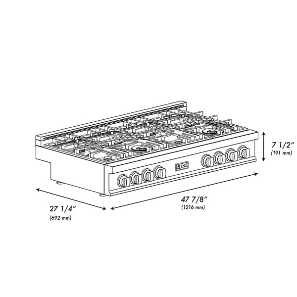 ZLINE 48 in. Legacy Gas Rangetop with 6 Brass Burners and Porcelain Cooktop in Black Stainless Steel, Open Box-Great Condition