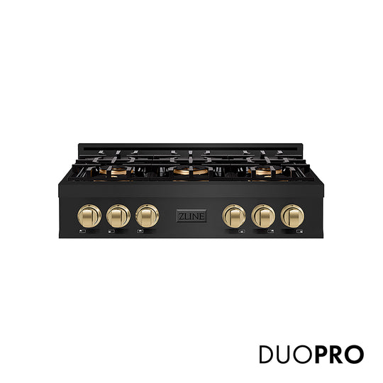ZLINE Autograph Edition 36 in. Classic Gas Rangetop with 6 Burner DuoPro™ Cooktop in Black Stainless Steel and Champagne Bronze Accents (PCRTBZ-36-CB)