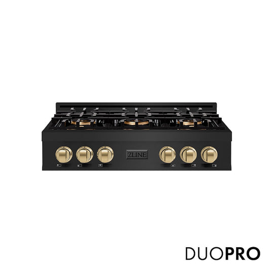 ZLINE Autograph Edition 36 in. Classic Gas Rangetop with 6 Burner DuoPro™ Cooktop in Black Stainless Steel and Champagne Bronze Accents, Open Box-Good Condition