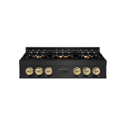ZLINE Autograph Edition 36 in. Classic Gas Rangetop with 6 Burner DuoPro™ Cooktop in Black Stainless Steel and Champagne Bronze Accents (PCRTBZ-36-CB)