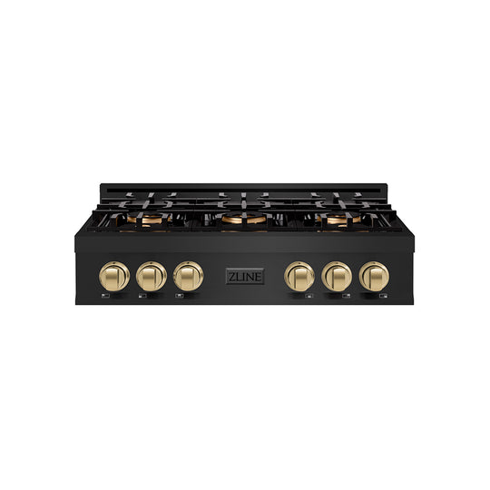 ZLINE Autograph Edition 36 in. Classic Gas Rangetop with 6 Burner DuoPro™ Cooktop in Black Stainless Steel and Champagne Bronze Accents (PCRTBZ-36-CB)