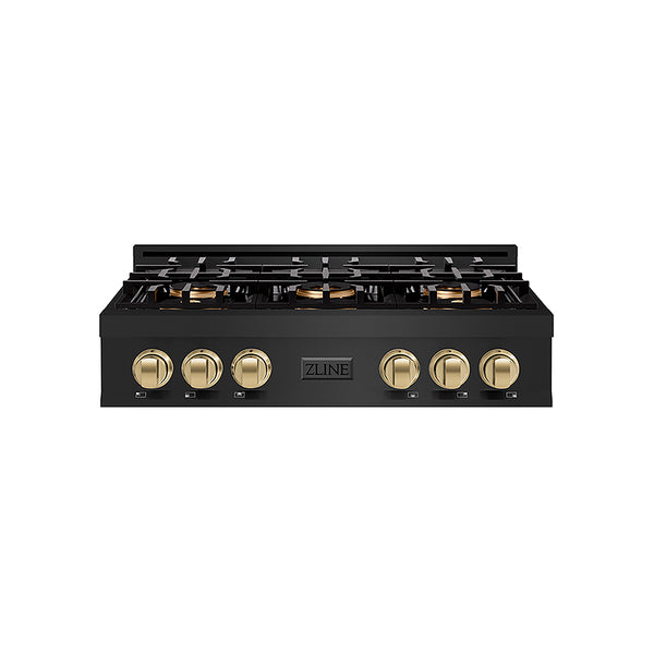ZLINE Autograph Edition 36 in. Classic Gas Rangetop with 6 Burner DuoPro™ Cooktop in Black Stainless Steel and Champagne Bronze Accents, Open Box-Great Condition