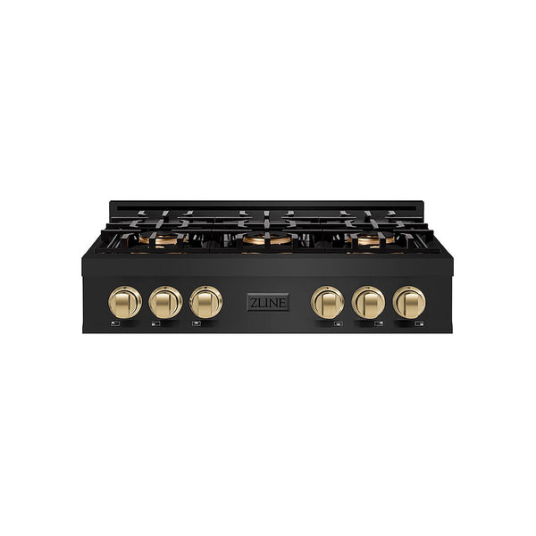 ZLINE Autograph Edition 36 in. Classic Gas Rangetop with 6 Burner DuoPro™ Cooktop in Black Stainless Steel and Champagne Bronze Accents, Open Box-Good Condition