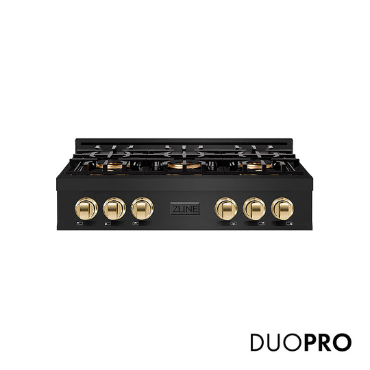 ZLINE Autograph Edition 36 in. Classic Gas Rangetop with 6 Burner DuoPro™ Cooktop in Black Stainless Steel and Polished Gold Accents (PCRTBZ-36-G)
