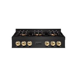 ZLINE Autograph Edition 36 in. Classic Gas Rangetop with 6 Burner DuoPro™ Cooktop in Black Stainless Steel and Polished Gold Accents (PCRTBZ-36-G)
