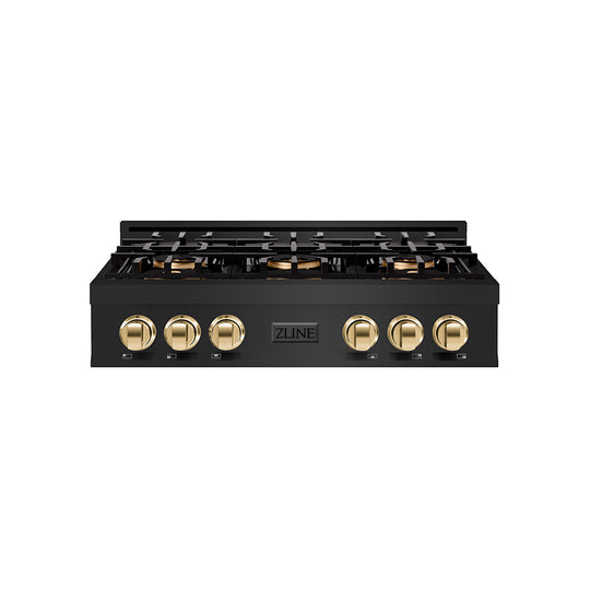 ZLINE Autograph Edition 36 in. Classic Gas Rangetop with 6 Burner DuoPro™ Cooktop in Black Stainless Steel and Polished Gold Accents (PCRTBZ-36-G)