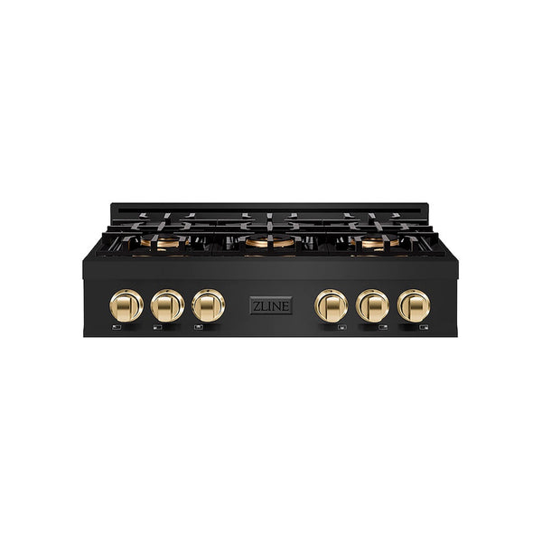 ZLINE Autograph Edition 36 in. Classic Gas Rangetop with 6 Burner DuoPro™ Cooktop in Black Stainless Steel and Polished Gold Accents, Open Box-Good Condition