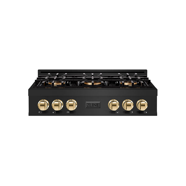 ZLINE Autograph Edition 36 in. Classic Gas Rangetop with 6 Burner DuoPro™ Cooktop in Black Stainless Steel and Polished Gold Accents, Open Box-Great Condition