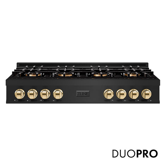 ZLINE Autograph Edition 48 in. Classic Gas Rangetop with 8 Burner DuoPro™ Cooktop in Black Stainless Steel and Polished Gold Accents (PCRTBZ-48-G)