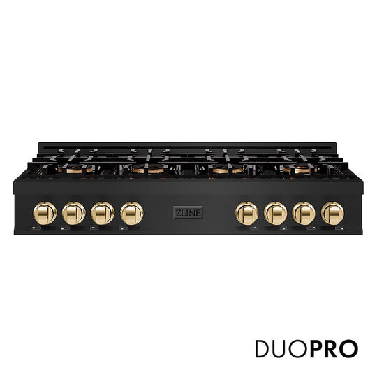ZLINE Autograph Edition 48 in. Classic Gas Rangetop with 8 Burner DuoPro™ Cooktop in Black Stainless Steel and Polished Gold Accents, Open Box-Good Condition