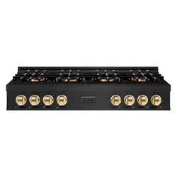 ZLINE Autograph Edition 48 in. Classic Gas Rangetop with 8 Burner DuoPro™ Cooktop in Black Stainless Steel and Polished Gold Accents (PCRTBZ-48-G)