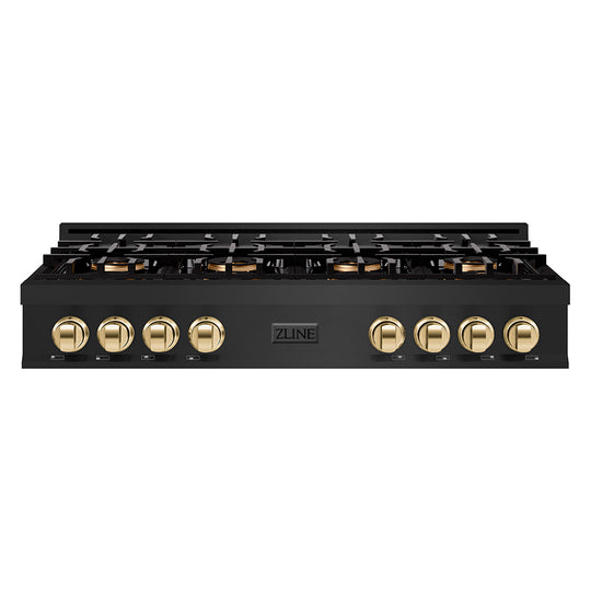 ZLINE Autograph Edition 48 in. Classic Gas Rangetop with 8 Burner DuoPro™ Cooktop in Black Stainless Steel and Polished Gold Accents (PCRTBZ-48-G)