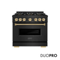 ZLINE Autograph Edition 36 in. 5.2 cu. ft. Classic Dual Fuel Range with 6 Burner DuoPro™ Cooktop and Electric Convection Oven in Black Stainless Steel and Champagne Bronze Accents, Open Box-Good Condition