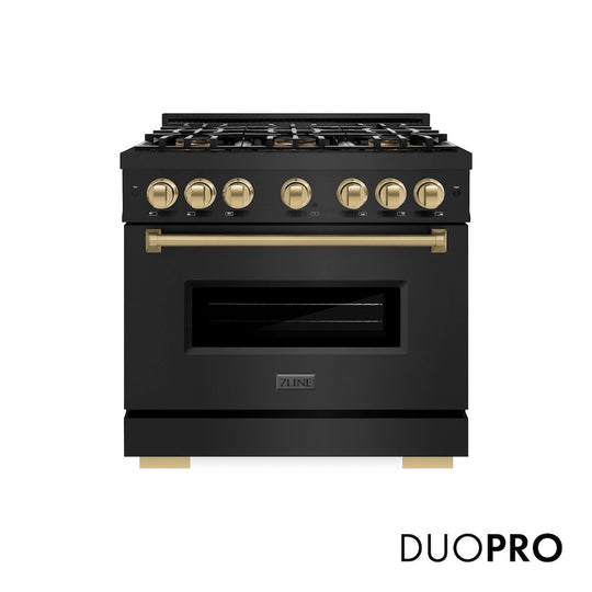 ZLINE Autograph Edition 36 in. 5.2 cu. ft. Classic Dual Fuel Range with 6 Burner DuoPro™ Cooktop and Electric Convection Oven in Black Stainless Steel and Champagne Bronze Accents, Open Box-Good Condition