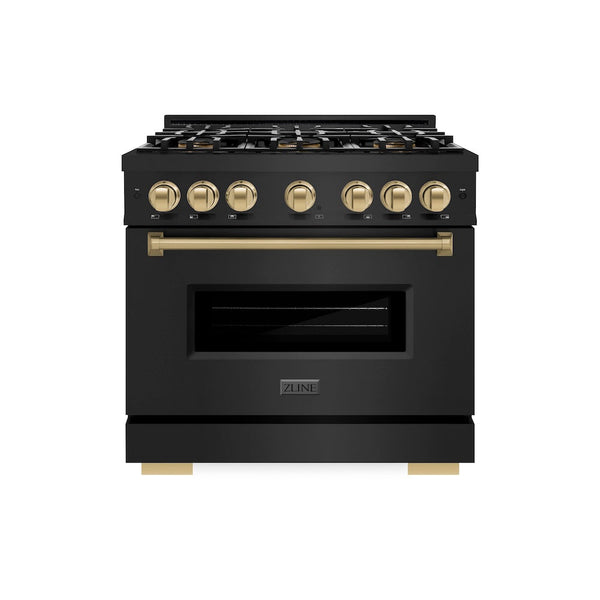 ZLINE Autograph Edition 36 in. 5.2 cu. ft. Classic Dual Fuel Range with 6 Burner DuoPro™ Cooktop and Electric Convection Oven in Black Stainless Steel and Champagne Bronze Accents, Open Box-Good Condition