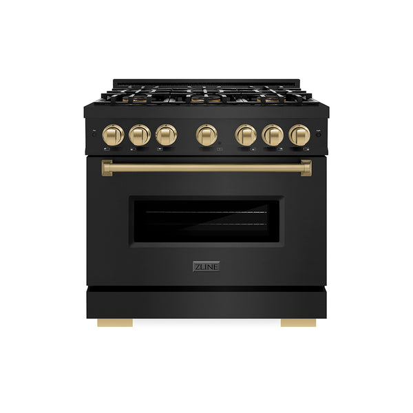 ZLINE Autograph Edition 36 in. 5.2 cu. ft. Classic Dual Fuel Range with 6 Burner DuoPro™ Cooktop and Electric Convection Oven in Black Stainless Steel and Champagne Bronze Accents (PCDRBZ-36-CB)