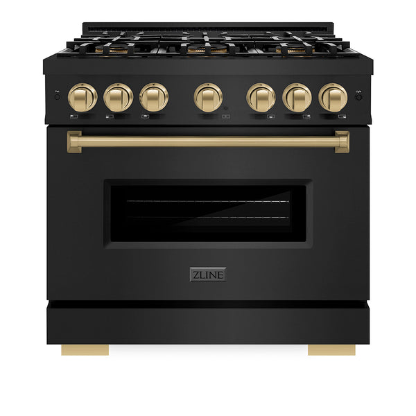 ZLINE Autograph Edition 36 in. 5.2 cu. ft. Classic Dual Fuel Range with 6 Burner DuoPro™ Cooktop and Electric Convection Oven in Black Stainless Steel and Champagne Bronze Accents (PCDRBZ-36-CB)