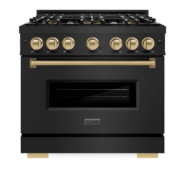 ZLINE Autograph Edition 36 in. 5.2 cu. ft. Classic Dual Fuel Range with 6 Burner DuoPro™ Cooktop and Electric Convection Oven in Black Stainless Steel and Champagne Bronze Accents, Open Box-Good Condition