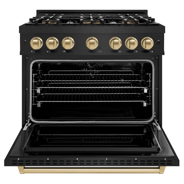 ZLINE Autograph Edition 36 in. 5.2 cu. ft. Classic Dual Fuel Range with 6 Burner DuoPro™ Cooktop and Electric Convection Oven in Black Stainless Steel and Champagne Bronze Accents, Open Box-Good Condition