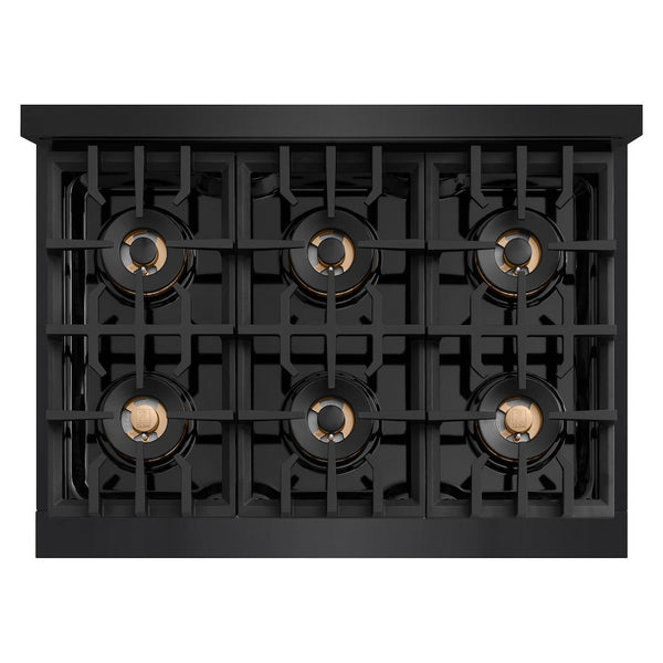 ZLINE Autograph Edition 36 in. 5.2 cu. ft. Classic Dual Fuel Range with 6 Burner DuoPro™ Cooktop and Electric Convection Oven in Black Stainless Steel and Champagne Bronze Accents, Open Box-Good Condition