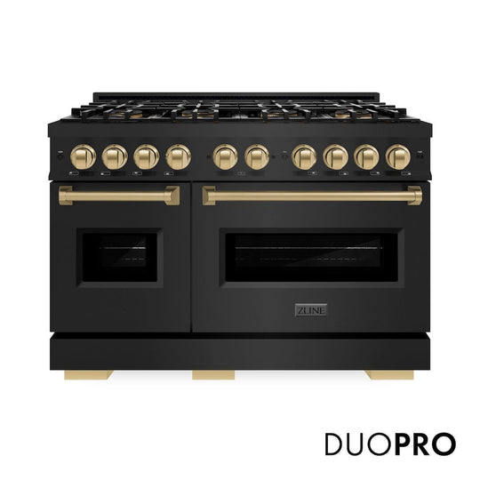 ZLINE Autograph Edition 48 in. 6.7 cu. ft. Classic Dual Fuel Range with 8 Burner DuoPro™ Cooktop and Dual Ovens in Black Stainless Steel and Champagne Bronze Accents, Open Box-Good Condition
