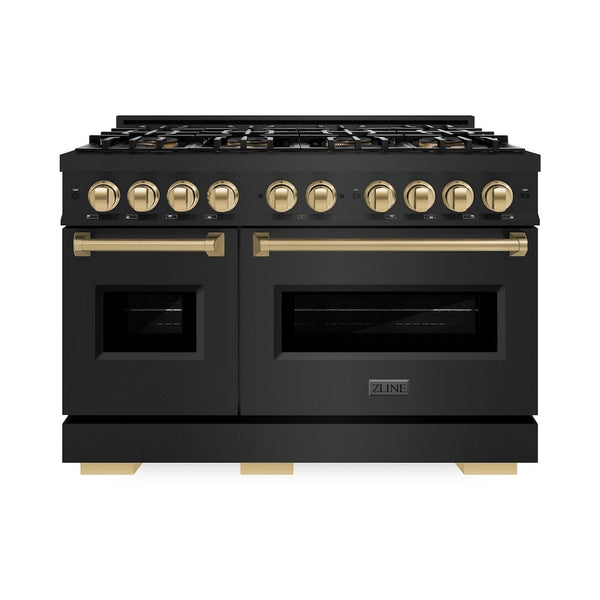 ZLINE Autograph Edition 48 in. 6.7 cu. ft. Classic Dual Fuel Range with 8 Burner DuoPro™ Cooktop and Dual Ovens in Black Stainless Steel and Champagne Bronze Accents, Open Box-Good Condition