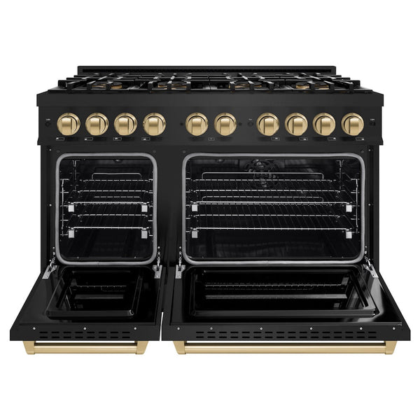 ZLINE Autograph Edition 48 in. 6.7 cu. ft. Classic Dual Fuel Range with 8 Burner DuoPro™ Cooktop and Dual Ovens in Black Stainless Steel and Champagne Bronze Accents, Open Box-Good Condition