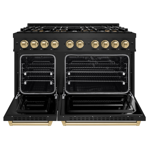 ZLINE Autograph Edition 48 in. 6.7 cu. ft. Classic Dual Fuel Range with 8 Burner DuoPro™ Cooktop and Dual Ovens in Black Stainless Steel and Champagne Bronze Accents (PCDRBZ-48-CB)