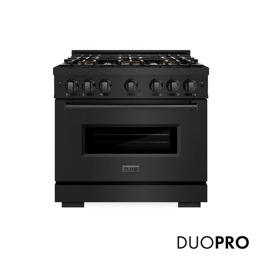 ZLINE 36 in. 5.2 cu. ft. Classic Gas Range with 6 Burner DuoPro™ Cooktop and Convection Gas Oven in Black Stainless Steel, Open Box-Good Condition