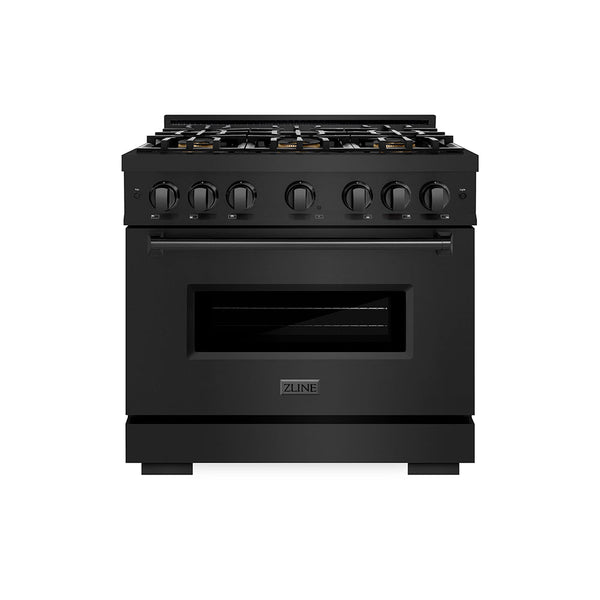 ZLINE 36 in. 5.2 cu. ft. Classic Gas Range with 6 Burner DuoPro™ Cooktop and Convection Gas Oven in Black Stainless Steel, Open Box-Good Condition
