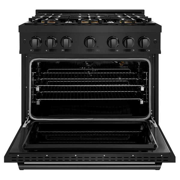 ZLINE 36 in. 5.2 cu. ft. Classic Gas Range with 6 Burner DuoPro™ Cooktop and Convection Gas Oven in Black Stainless Steel, Open Box-Good Condition