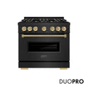 ZLINE Autograph Edition 36 in. 5.2 cu. ft. Classic Gas Range with 6 Burner DuoPro™ Cooktop and Convection Gas Oven in Black Stainless Steel and Champagne Bronze Accents, Open Box-Good Condition