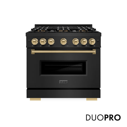 ZLINE Autograph Edition 36 in. 5.2 cu. ft. Classic Gas Range with 6 Burner DuoPro™ Cooktop and Convection Gas Oven in Black Stainless Steel and Champagne Bronze Accents (PCGRBZ-36-CB)