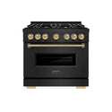 ZLINE Autograph Edition 36 in. 5.2 cu. ft. Classic Gas Range with 6 Burner DuoPro™ Cooktop and Convection Gas Oven in Black Stainless Steel and Champagne Bronze Accents, Open Box-Good Condition
